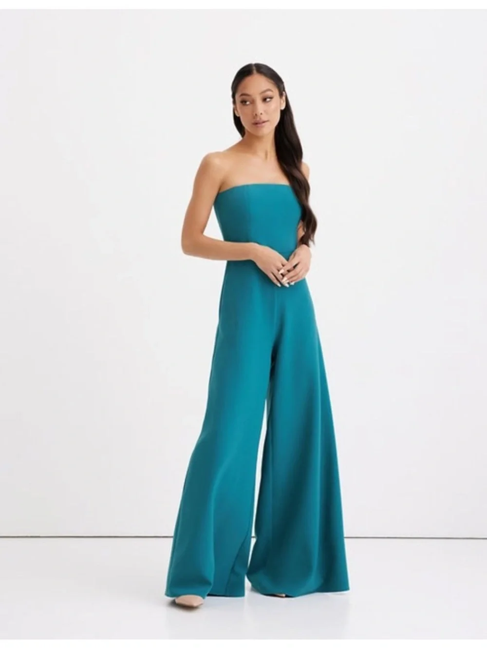 Club L London Strapless Wide-Leg Jumpsuit in Teal Green - Picture 4 of 7